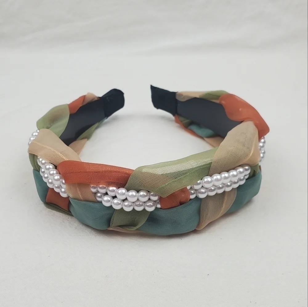 Faux pearl wide braided color block headband hair accessories
